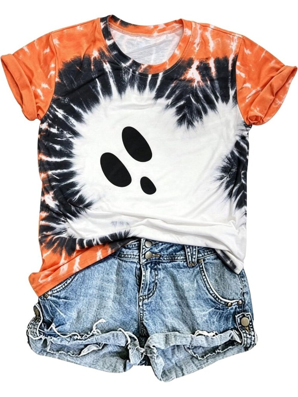 🆕 Womens Ghost Face Orange Black Tie Dye Halloween Short Sleeve Casual Tee